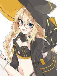 Rule 34 | 1girl, aesc (fate), aesc (rain witch) (fate), artist request, black jacket, blonde hair, blue eyes, blush, fate/grand order, fate (series), glasses, hairband, hat, highres, jacket, long hair, looking at viewer, navel, smile, white background, witch hat
