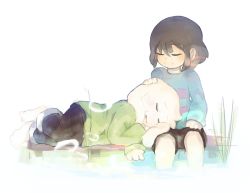 Rule 34 | 1boy, ^ ^, alternate universe, androgynous, asriel dreemurr, brown hair, caribun, closed eyes, frisk (undertale), full body, furry, grass, hand on another&#039;s head, lap pillow, long sleeves, lying, monster boy, on side, pants, parted lips, plant, shirt, shorts, simple background, sitting, sleeping, sleeping on person, smile, soaking feet, spoilers, striped clothes, striped shirt, undertale, water, white background