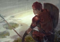 Rule 34 | 1boy, artist name, back, copyright name, dated, fire emblem, fire emblem echoes: shadows of valentia, gloves, grass, leaf, lily pad, lukas (fire emblem), male focus, mavis fuji, nintendo, polearm, rain, red eyes, red hair, shield, solo, spear, water, weapon