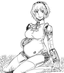 Rule 34 | 1girl, aegis (persona), android, ascot, atlus, bad id, bb (baalbuddy), blush, closed mouth, grass, greyscale, hairband, hand on own stomach, highres, inactive account, looking at viewer, monochrome, on grass, on ground, persona, persona 3, pregnant, sega, short hair, simple background, sitting, smile, solo, thighhighs, white background