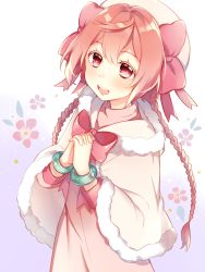 Rule 34 | 1girl, :d, ahoge, blush, bow, bracelet, braid, cape, flower, hat, hat bow, jewelry, leafwow, lily (netojuu no susume), long hair, looking at viewer, netojuu no susume, open mouth, own hands together, pink bow, pink eyes, pink hair, smile, solo, standing, twin braids