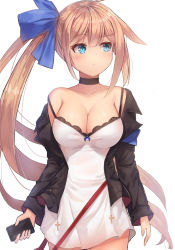 Rule 34 | 1girl, ahoge, arms at sides, bare shoulders, black choker, black jacket, blonde hair, blue bow, blue eyes, blue ribbon, blush, bow, breasts, cellphone, choker, cleavage, closed mouth, collarbone, commentary, cowboy shot, cross, dress, english commentary, fal (girls&#039; frontline), girls&#039; frontline, hair bow, hair ribbon, highres, holding, holding phone, jacket, large breasts, long hair, long sleeves, looking to the side, medium breasts, motokonut, off shoulder, phone, ponytail, ribbon, side ponytail, simple background, smartphone, solo, standing, strap slip, very long hair, white background, white dress