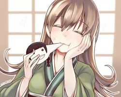 Rule 34 | 10s, 1girl, amripo, artist name, brown hair, dumpling, closed eyes, food, foodification, hand on own face, japanese clothes, kantai collection, kimono, kitakami (kancolle), mochi, objectification, ooi (kancolle), smile, solo, upper body