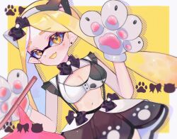 Rule 34 | 1girl, animal ear hairband, animal ears, animal hands, black bow, black bowtie, black skirt, border, bow, bowtie, breasts, cleavage, commentary request, d msy8, ear piercing, eyelashes, fake animal ears, fang, gloves, hair bow, hairband, inkling, inkling girl, inkling player character, large breasts, long hair, looking at viewer, midriff, navel, nintendo, open mouth, outside border, paw gloves, piercing, pointy ears, simple background, skin fang, skirt, smile, solo, splatoon (series), suspenders, tentacle hair, white border, yellow background