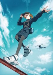 Rule 34 | 1girl, absurdres, black pantyhose, breasts, brown hair, cloud, day, drone, from below, full body, hat, highres, long sleeves, match (idleslumber), medium breasts, original, outdoors, pantyhose, pocket, ponytail, shoes, skirt, sneakers, solo, standing