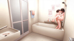 1boy 1girl bathroom black_hair breasts closed_eyes commentary completely_nude english_commentary english_text french_kiss hetero highres indoors kiss medium_hair nude original sex short_hair small_breasts speech_bubble standing standing_missionary tanatonkub toothbrush