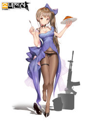 Rule 34 | 1girl, absurdres, assault rifle, bare shoulders, black bow, black footwear, black panties, blue bow, bow, bowtie, breasts, brown eyes, brown hair, cleavage, collarbone, copyright name, covered navel, daewoo k2, food, fork, full body, girls&#039; frontline, gluteal fold, gun, hair bow, hair ornament, hairclip, high heels, highres, holding, holding plate, k2 (before dawn) (girls&#039; frontline), k2 (girls&#039; frontline), legs, long hair, looking at viewer, lowleg, lowleg panties, medium breasts, miyamoya, official alternate costume, panties, panties under pantyhose, pantyhose, pasta, plate, revealing clothes, rifle, see-through, unworn shoe, shoes, unworn shoes, side ponytail, skindentation, smile, solo, standing, standing on one leg, thigh strap, underwear, very long hair, weapon