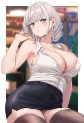 Rule 34 | 1girl, alternate costume, bare shoulders, black skirt, blush, border, braid, breasts, brown thighhighs, cleavage, collarbone, collared shirt, green eyes, grey hair, highres, hololive, large breasts, looking at viewer, low twin braids, moisture (chichi), mole, mole on breast, parted lips, pencil skirt, shirogane noel, shirt, short hair, skirt, sleeveless, sleeveless shirt, smile, solo, thick thighs, thighhighs, thighs, twin braids, variant set, virtual youtuber, white border, white shirt