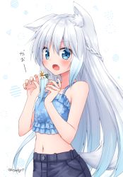 Rule 34 | 1girl, :o, animal ear fluff, animal ears, bad id, bad pixiv id, bare arms, bare shoulders, black pants, blue camisole, blue eyes, blue hair, blush, braid, camisole, commentary request, crop top, fang, fingernails, floral print, flower, gradient hair, hair between eyes, hair flower, hair ornament, hands up, hoshino kagari, looking at viewer, midriff, multicolored hair, navel, open mouth, original, pants, print camisole, silver hair, solo, tail, translation request, twitter username, white background, white flower