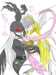 angel angel_girl angewomon demon demon_girl digimon digimon_(creature) fallen_angel head_wings highres ladydevimon long_hair mask wings