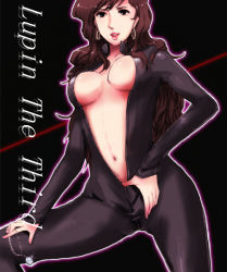 Rule 34 | 1girl, bad id, bad pixiv id, biker clothes, bikesuit, bodysuit, breasts, cat burglar, center opening, earrings, jewelry, lupin iii, mine fujiko, necklace, no bra, red hair, solo, tms entertainment, unzipped