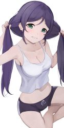 Rule 34 | 1girl, black shorts, breasts, cleavage, commentary request, green eyes, grin, highres, hiroki (yyqw7151), long hair, looking at viewer, love live!, love live! school idol project, medium breasts, purple hair, shorts, simple background, smile, solo, tank top, tojo nozomi, white background