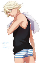Rule 34 | 10s, 1boy, @@@, ass, bad id, bad pixiv id, blonde hair, boxer briefs, from behind, ivan karelin, looking back, male focus, male underwear, purple eyes, simple background, solo, sweat, tank top, tiger &amp; bunny, towel, underwear, white background