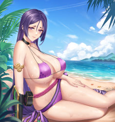 Rule 34 | 1girl, absurdres, armlet, bare shoulders, beach, bikini, blue sky, blush, breasts, choker, cleavage, collarbone, fate/grand order, fate (series), highres, large breasts, long hair, looking at viewer, minamoto no raikou (fate), minamoto no raikou (fate/grand order), minamoto no raikou (swimsuit lancer) (fate), navel, parted bangs, purple bikini, purple eyes, purple hair, shore, shui xiao, sitting, sky, smile, solo, swimsuit, thighs, very long hair