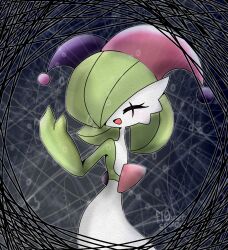 Rule 34 | 1girl, ^ ^, artist name, bob cut, closed eyes, clothed pokemon, colored skin, creatures (company), facepaint, facing viewer, female focus, flat chest, game freak, gardevoir, gen 3 pokemon, green hair, green skin, grey background, grey outline, hair over one eye, hand up, happy, hat, highres, jester cap, multicolored clothes, multicolored hat, multicolored skin, nintendo, one eye covered, open mouth, pokemon, pokemon (creature), short hair, signature, smile, solo, standing, two-tone skin, white skin, yuri (fl0werspace)