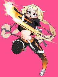 Rule 34 | 1girl, absurdres, angry, aqua eyes, armlet, attack, bangs pinned back, belt, black hoodie, black pants, blonde hair, chain, crop top, full body, hair intakes, highres, hood, hoodie, incoming attack, incoming punch, k.tomato, light blush, long hair, long sleeves, midriff, navel, open mouth, original, pants, pink background, punching, simple background, sketch, skin tight, solo, sports bra, standing, standing on one leg, teeth, thigh strap, twintails, upper teeth only, v-shaped eyebrows, very long hair, white footwear