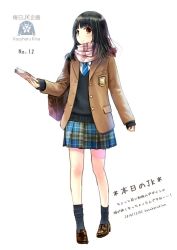 Rule 34 | 10s, 1girl, 2014, arm at side, artist name, bag, black hair, black socks, blazer, blue necktie, blue skirt, blunt bangs, blush, book, brown footwear, closed mouth, collared shirt, dated, flat chest, full body, holding, holding book, jacket, kazuharu kina, loafers, long hair, long sleeves, looking at viewer, miniskirt, necktie, open clothes, open jacket, original, plaid, plaid skirt, pleated skirt, scarf, school bag, school uniform, shirt, shoes, shoulder bag, simple background, skirt, sleeves past wrists, smile, socks, solo, standing, sweater, sweater vest, white background, white shirt
