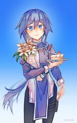 Rule 34 | 1girl, a yi, absurdres, artist name, blue background, blue eyes, blue hair, bouquet, cake, chinese clothes, closed mouth, flower, food, fruit, fu hua, fu hua (valkyrie accipiter), gradient background, grey hair, hair between eyes, highres, holding, holding plate, honkai (series), honkai impact 3rd, juliet sleeves, leaf, long hair, long sleeves, looking at viewer, low-tied long hair, low ponytail, one-armed hug, plate, ponytail, puffy sleeves, solo, strawberry, white flower