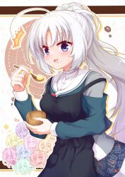 Rule 34 | 1girl, :t, ^^^, ahoge, apron, black apron, blue eyes, breasts, caught, character name, chibi, chibi inset, commentary, cowboy shot, cup, eating, eyelashes, food, food on face, green shirt, hair between eyes, hakutocake, highres, holding, holding cup, holding spoon, large breasts, long hair, long sleeves, looking at viewer, open mouth, ponytail, pudding, sailor collar, school uniform, senren banka, shirt, simple background, solo focus, spoon, standing, sweatdrop, tomotake yoshino, very long hair, white background, white sailor collar