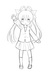 Rule 34 | 1girl, :&lt;, antenna hair, blush, commentary request, full body, greyscale, hair ribbon, highres, kneehighs, long hair, long sleeves, looking at viewer, miyauchi renge, monochrome, non non biyori, open mouth, outstretched arm, pleated skirt, puffy long sleeves, puffy sleeves, ribbon, shika (s1ka), shirt, shoes, simple background, skirt, socks, solo, standing, triangle mouth, twintails, uwabaki, very long hair, white background