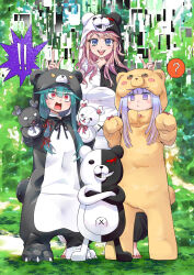 3girls ? \m/ animal_costume animal_hood aurora_sya_lis_kaymin barefoot bear_costume bear_hood commentary_request crossed_arms crossover danganronpa:_trigger_happy_havoc danganronpa_(series) enoshima_junko evil_grin evil_smile glitch green_hair grin hand_puppet height_difference highres hood keke_(user_zech7732) kuma_kuma_kuma_bear maou-jou_de_oyasumi monokuma multiple_crossover multiple_girls nail_polish onesie puppet purple_eyes purple_hair red_eyes red_nails smile spoken_question_mark sweatdrop toenail_polish toenails tongue tongue_out trait_connection v-shaped_eyebrows yuna_(kuma_kuma_kuma_bear)