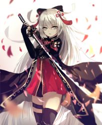 Rule 34 | 1girl, bad id, bad pixiv id, black bow, black cape, black thighhighs, bow, cape, cowboy shot, dress, fate/grand order, fate (series), floating hair, green night, grey eyes, hair between eyes, hair bow, highres, holding, holding sword, holding weapon, katana, long hair, looking at viewer, okita souji (fate), okita souji alter (fate), parted lips, petals, red dress, short dress, silver hair, simple background, solo, standing, sword, thigh strap, thighhighs, very long hair, weapon, white background