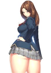 Rule 34 | 1girl, ass, breasts, brown eyes, brown hair, cowboy shot, from behind, gluteal fold, hakai shin, hand on own hip, highres, huge ass, large breasts, long hair, looking at viewer, looking back, plaid, plaid skirt, raised eyebrows, school uniform, simple background, skirt, smile, solo, thick thighs, thighs, white background, wide hips