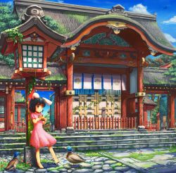 Rule 34 | 1girl, album cover, animal, animal ears, architecture, barefoot, bird, black hair, building, cloud, cover, day, dress, duck, east asian architecture, ema, female focus, fence, flower, garden, grass, highres, house, inaba tewi, jewelry, kirisame marisa, lantern, necklace, outdoors, pink dress, rabbit ears, rabbit girl, rabbit tail, ranka (tonbo), red eyes, ribbon, scenery, short hair, shrine, sky, smile, solo, stairs, tail, touhou, tree