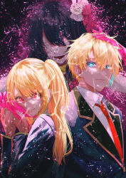 Rule 34 | 1boy, 2girls, blazer, blonde hair, blue eyes, blue jacket, brother and sister, closed mouth, collared shirt, dissolving, film grain, frilled gloves, frills, from side, gloves, hair between eyes, hair ornament, hair ribbon, hand on another&#039;s head, hands up, highres, hoshino ai (oshi no ko), hoshino aquamarine, hoshino ruby, jacket, long hair, long sleeves, looking at viewer, mismatched pupils, mother and daughter, mother and son, multiple girls, necktie, no eyes, one side up, open mouth, oshi no ko, pink gloves, pink ribbon, purple hair, rabbit hair ornament, red eyes, red necktie, ribbon, school uniform, shadow, shirt, short hair, siblings, sidelocks, smile, sparkling eyes, st ifku, star-shaped pupils, star (symbol), symbol-shaped pupils, teeth, turtleneck, twins, twitter username, upper body, upper teeth only, watermark, white shirt, youtou high school uniform
