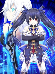 Rule 34 | aqua eyes, bare shoulders, black hair, black heart (neptunia), bodysuit, breasts, cleavage, closed mouth, commentary request, crossed arms, detached collar, detached sleeves, dress, dual persona, elbow gloves, gloves, hair ribbon, highres, kagura ittou, leotard, long hair, looking at viewer, medium breasts, neptune (series), noire (neptunia), power symbol, power symbol-shaped pupils, red eyes, ribbon, skirt, smile, sword, symbol-shaped pupils, thighhighs, twintails, very long hair, weapon, white hair