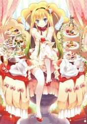 Rule 34 | 1girl, absurdres, bare shoulders, blonde hair, blue eyes, blush, bright pupils, cake, choker, crown, cup, dessert, detached wings, dress, drinking glass, elbow gloves, eretto, flower, food, food-themed hair ornament, food-themed ornament, fork, fruit, gloves, hair flower, hair ornament, hairband, highres, leg up, mini crown, ribbon choker, scan, sidelocks, sitting, smile, solo, strawberry, strawberry hair ornament, thighhighs, tray, two side up, white dress, white gloves, white pupils, white thighhighs, wine glass, wings