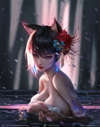 Rule 34 | 1girl, animal ear fluff, animal ears, arm tattoo, bathing, black hair, blue flower, blurry, breast hold, breasts, cleavage, collarbone, covering privates, depth of field, earrings, eyelashes, eyeshadow, fingernails, flower, fox ears, glowing, glowing earrings, hair flower, hair ornament, hands up, highres, holding, holding towel, jewelry, large breasts, lipstick, looking at viewer, makeup, motion blur, nude, nude cover, original, partially submerged, petals, red eyes, red flower, red lips, slit pupils, solo, sunlight, tattoo, towel, upper body, wang chen, water, watermark, web address, wet, wind