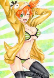 Rule 34 | 1girl, ;d, arms up, artist name, bikini, bikini under clothes, black thighhighs, breast suppress, breasts, cowboy shot, creatures (company), game freak, gen 1 pokemon, green eyes, hand on own head, highres, hood, hood up, large breasts, long sleeves, marker (medium), misty (pokemon), navel, nintendo, one eye closed, open clothes, open mouth, orange hair, outstretched arm, pokemon, pokemon (anime), pokemon (creature), psyduck, side ponytail, skindentation, smile, solo, stomach, striped bikini, striped clothes, swimsuit, takecha, thighhighs, traditional media, underboob