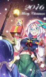 Rule 34 | 2016, 2girls, absurdres, bag, bandages, bandage on face, bell, blue eyes, blue hair, blush, braid, breasts, coat, dog, gift, glasses, green eyes, hairband, handbag, heterochromia, highres, holding, holding gift, lamppost, large breasts, long hair, looking at another, merry christmas, mistletoe, multiple girls, navel, night, open mouth, original, ponytail, ribbon, short hair, silver hair, smile, snow, snowing, teeth, twin braids, white coat, winter clothes, winter coat, x-boy, yellow ribbon