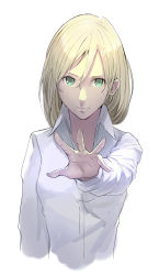 Rule 34 | 1girl, bad id, bad pixiv id, blonde hair, dress shirt, foreshortening, green eyes, hair between eyes, hidezi, outstretched hand, shirt, simple background, solo, white background