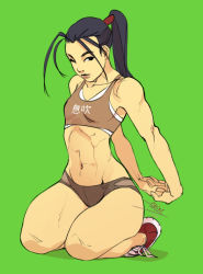 Rule 34 | 1girl, abs, arms behind back, black eyes, black hair, breasts, commentary, english commentary, forehead, full body, green background, ibuki (street fighter), interlocked fingers, kneeling, lips, navel, one eye closed, ponytail, shoes, short shorts, shorts, simple background, small breasts, sneakers, solo, sports bra, street fighter, street fighter iii (series), stretching, thick thighs, thighs, toned, vashperado