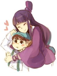 Rule 34 | 1boy, 1girl, ^ ^, ace attorney, alternate hair color, blunt bangs, blush, blush stickers, bracelet, brown eyes, brown hair, capcom, child, closed eyes, frown, half updo, hand on headwear, heart, height difference, hug, japanese clothes, jewelry, kimono, leaning, leaning forward, level-5, long hair, long sleeves, low-tied long hair, luke triton, maya fey, overalls, pout, professor layton, professor layton vs. phoenix wright: ace attorney, purple hair, reka, simple background, size difference, sketch, smile, topknot, white background, wide sleeves