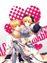 1boy 1girl ahoge armor armored_dress artoria_pendragon_(all) artoria_pendragon_(fate) bare_shoulders blonde_hair bow dress fate/stay_night fate/unlimited_codes fate_(series) gilgamesh_(fate) green_eyes hair_bow jewelry kkomcce long_hair multiple_boys official_alternate_costume ponytail red_eyes saber_(fate) saber_lily