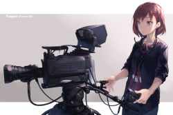 Rule 34 | 1girl, brown eyes, camera lens, earpiece, eye reflection, headset, md5 mismatch, original, product placement, red hair, reflection, resized, resolution mismatch, short hair, simple background, solo, source smaller, tripod, tv camera, upscaled, yomo (majidon)