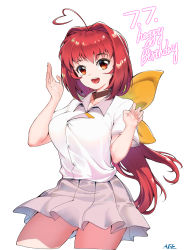 Rule 34 | 1girl, absurdres, ahoge, bow, breasts, brown collar, brown eyes, collar, grey skirt, hair bow, hair intakes, happy birthday, head tilt, heart, heart hair, highres, kagami sumika, large breasts, long hair, looking at viewer, muv-luv, open hand, saya species, shirt, skirt, smile, solo, white background, white shirt, yellow bow
