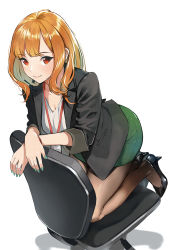 Rule 34 | 1girl, ass, backlighting, black footwear, black jacket, black pantyhose, blouse, breasts, chair, cleavage, closed mouth, collarbone, doushimasho, fingernails, formal, from above, from side, green nails, green skirt, high heels, id card, jacket, kneeling, lanyard, legs together, long hair, long sleeves, looking at viewer, medium breasts, miniskirt, nail polish, office chair, office lady, on chair, open clothes, open jacket, orange hair, original, pantyhose, pencil skirt, red eyes, shadow, shiny footwear, shiny skin, shirt, shoes, simple background, skirt, skirt suit, sleeves rolled up, smile, solo, suit, swivel chair, white background, white shirt