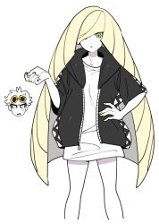 Rule 34 | 1boy, 1girl, bad id, bad twitter id, black hoodie, blonde hair, chibi, chibi inset, commentary request, cosplay, creatures (company), dede (qwea 00000), game freak, green eyes, guzma (pokemon), guzma (pokemon) (cosplay), hair over one eye, hand on own hip, hood, hoodie, korean commentary, long hair, looking down, lusamine (pokemon), nail polish, nintendo, open clothes, open hoodie, parted lips, pokemon, pokemon sm, shirt, simple background, white background, white shirt, yellow nails, zipper, zipper pull tab