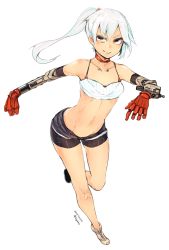 Rule 34 | 1girl, collarbone, dated, full body, grin, looking at viewer, mechanical arms, midriff, navel, original, ponytail, sigama, simple background, smile, solo, twitter username, white background, white hair, yellow eyes