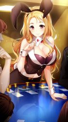 Rule 34 | 1girl, ace (playing card), ace of hearts, animal ears, black bra, black hairband, black skirt, black vest, blonde hair, bra, breasts, card, cleavage, closed mouth, curly hair, doukyuusei 2, doukyuusei another world, fake animal ears, fake tail, game cg, hair intakes, hairband, heart, holding, holding card, large breasts, leaning forward, lens flare, leotard, long hair, maijima karen, midriff, navel, official art, playboy bunny, playing card, rabbit ears, rabbit tail, red eyes, reflection, skirt, sleeveless, smile, solo focus, stomach, tail, underwear, very long hair, vest, wrist cuffs