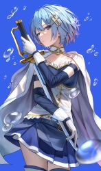 Rule 34 | 1girl, belt, belt buckle, blue background, blue eyes, blue hair, blue skirt, buckle, cape, closed mouth, cutlass, detached sleeves, fortissimo, gloves, hair ornament, hairclip, highres, holding, holding sword, holding weapon, looking at viewer, magical girl, mahou shoujo madoka magica, mahou shoujo madoka magica (anime), mahou shoujo madoka magica movie 1 &amp; 2, miki sayaka, musical note, musical note hair ornament, saber (weapon), short hair, sideways glance, simple background, skirt, solo, soul gem, superpig, sword, thighhighs, water drop, weapon, white cape, white gloves, white thighhighs