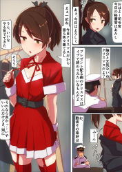 Rule 34 | 1boy, 1girl, admiral (kancolle), alternate costume, breasts, brown eyes, brown hair, capelet, comala (komma la), comic, commentary request, dress, fingerless gloves, garter straps, gloves, hat, highres, kantai collection, military, military hat, military uniform, naval uniform, peaked cap, ponytail, red dress, santa costume, shikinami (kancolle), small breasts, speech bubble, translation request, uniform