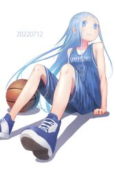 Rule 34 | 1girl, alternate costume, ball, basketball, basketball (object), basketball jersey, basketball uniform, blue eyes, blue footwear, blue hair, blue shirt, blue shorts, commentary request, gradient hair, hasukawa isaburou, highres, kantai collection, long hair, multicolored hair, perspective, samidare (kancolle), shirt, shoes, shorts, simple background, sleeveless, sleeveless shirt, sneakers, solo, sportswear, swept bangs, very long hair, white background