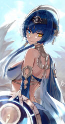 Rule 34 | 1girl, bare shoulders, blue eyes, blue hair, blue sky, breasts, candace (genshin impact), commentary, day, genshin impact, heterochromia, highres, koissa, long hair, medium breasts, midriff, outdoors, shield, sky, solo, upper body, yellow eyes