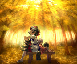 Rule 34 | 2girls, autumn, autumn leaves, back-to-back, barefoot, bench, black hair, bowl, cone horns, dress, floral print, forest, from side, hat, horns, japanese clothes, kijin seija, kimono, long sleeves, mini person, minigirl, miracle mallet, multicolored hair, multiple girls, nature, oni horns, print dress, puffy short sleeves, puffy sleeves, purple eyes, purple hair, red eyes, sash, short sleeves, sitting, streaked hair, sukuna shinmyoumaru, sunlight, syope, touhou, unworn hat, unworn headwear, wide sleeves