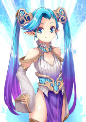 Rule 34 | 1girl, bare shoulders, blue eyes, blue hair, cleavage cutout, clothing cutout, fang, gradient hair, highres, hiroki (hirokiart), long hair, looking at viewer, matching hair/eyes, multicolored hair, pointy ears, purple hair, smile, solo, twintails